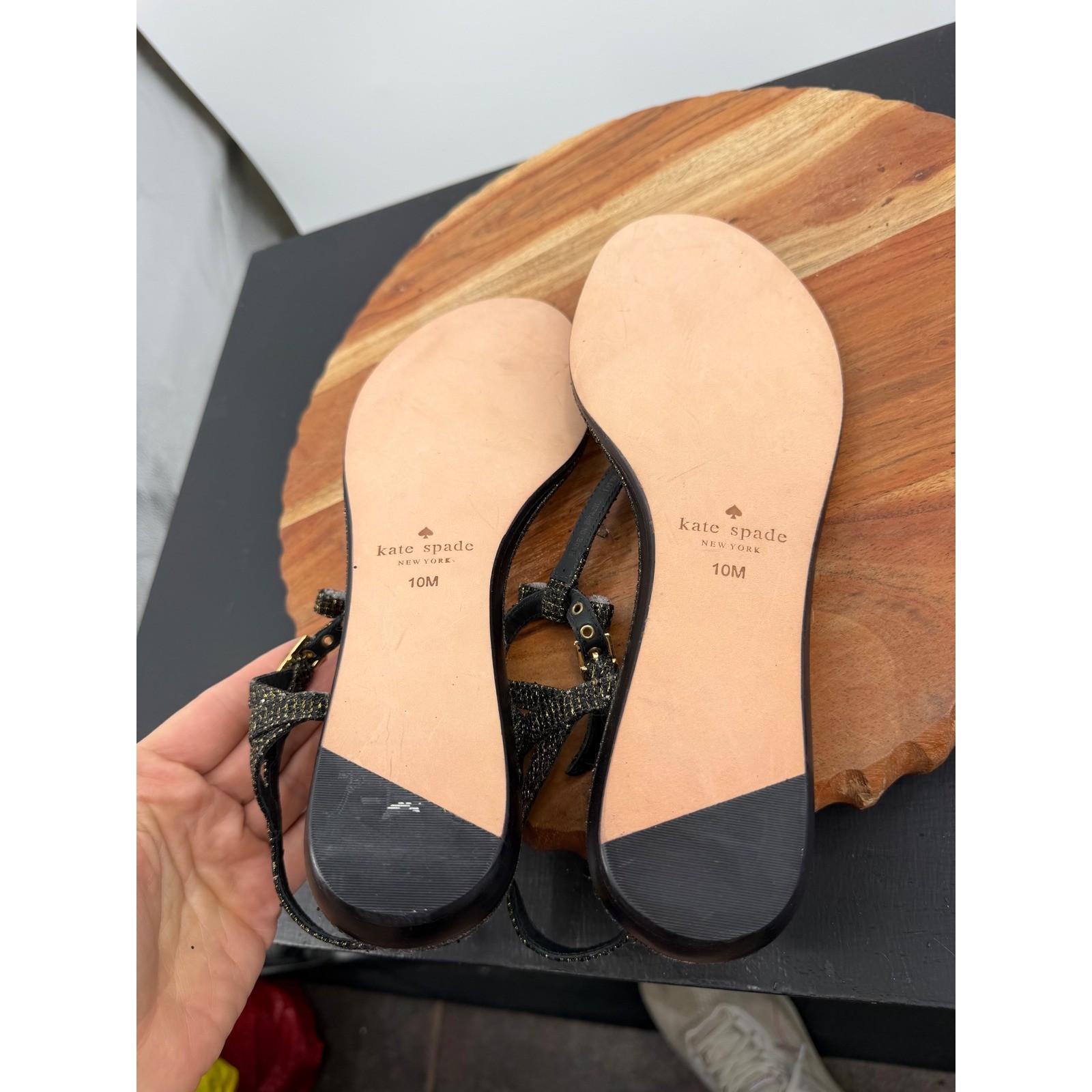 Kate Spade New York T-Strap Sandals Women 10M Black Gold Metallic Bow Flat