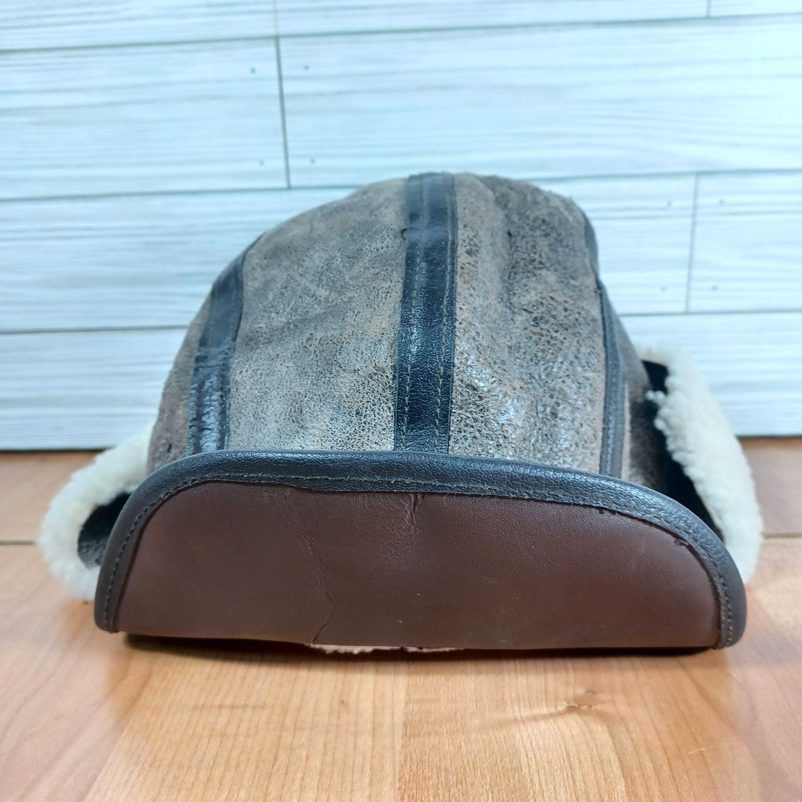 Vtg Avirex Bomber Hat Cap Mens M Brown Leather Shearling Lined Ear Flap Made USA