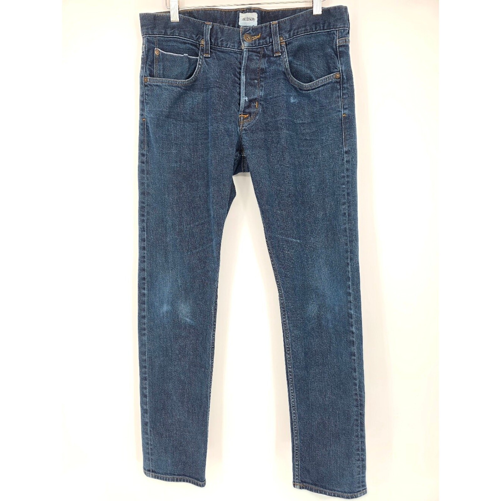 Hudson Blake Slim Straight Selvedge Button Fly Jeans Men 34×31 Dark Wash