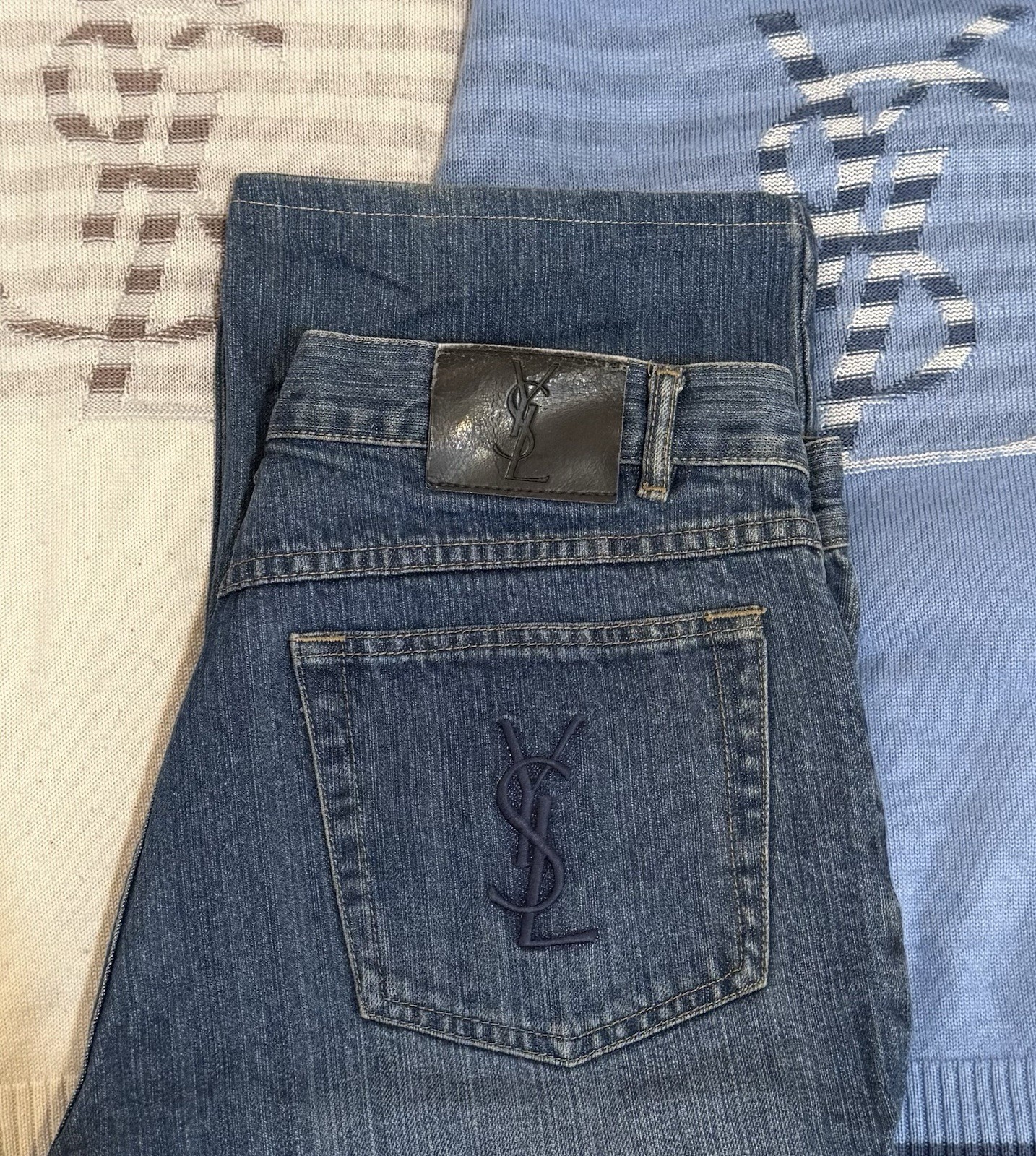 34×30 YSL Jeans Pants Big Logo Indigo Selvedge Yves Saint Laurent Y2K