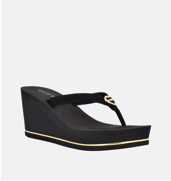 NEW WOMEN’S GUESS BLACK FLIP FLOPS PLATFORM WEDGE GOLD HEART SANS 5,6,7,8,9,10