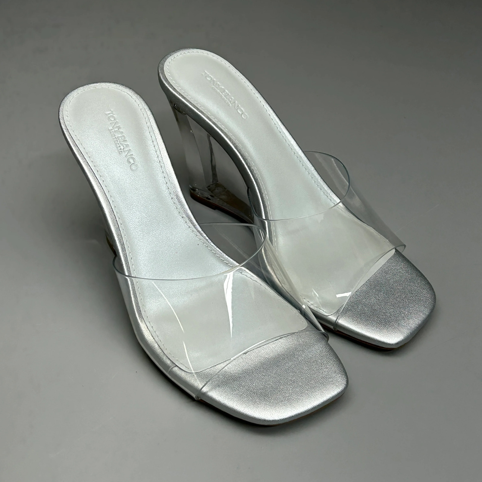TONY BIANCO Alessi Clear Vinylite/Silver Wedges Women’s Heels Sz 7 (New)