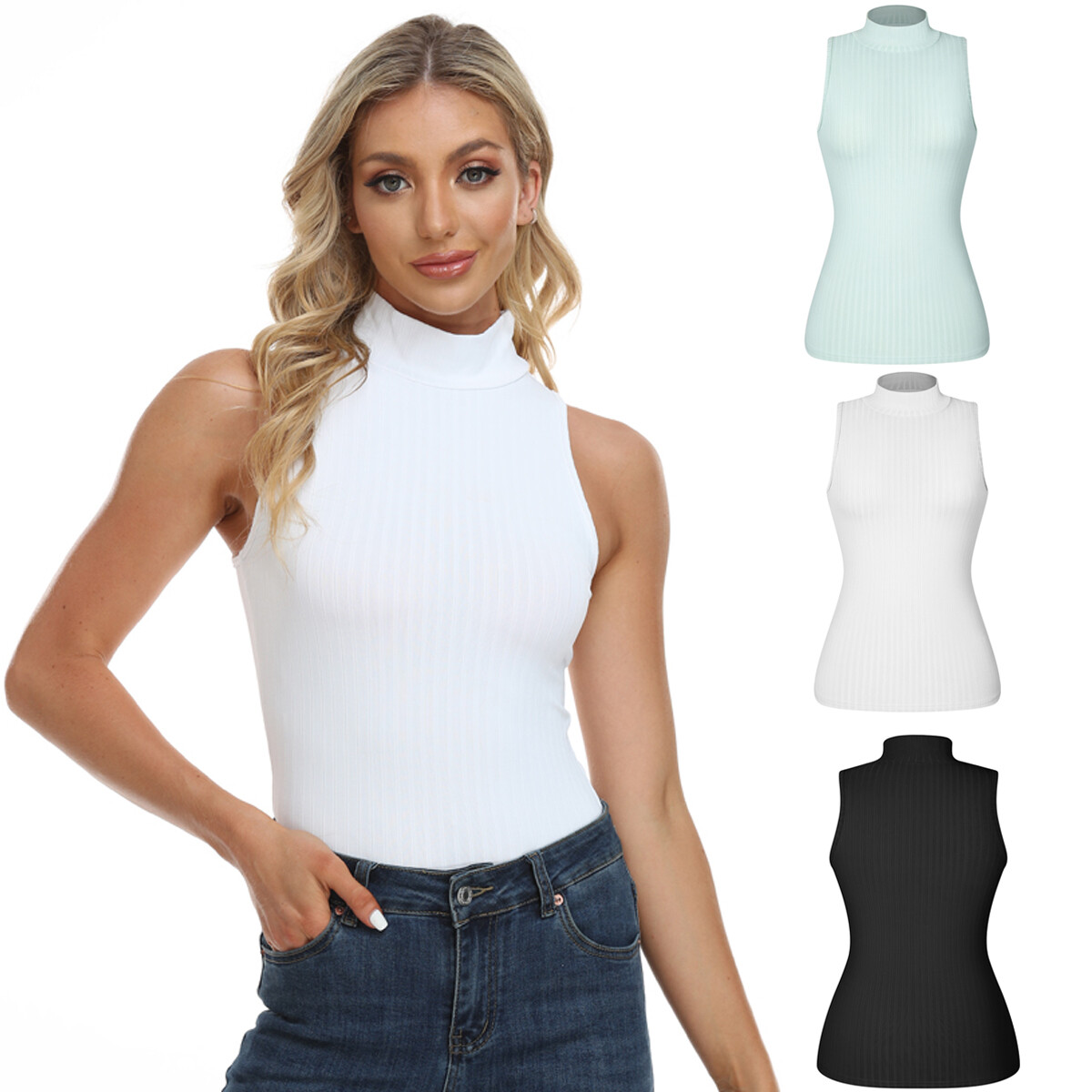 Women’s Mock Neck Turtleneck Sleeveless Tank Top Soft Stretch Knit Basics Solids