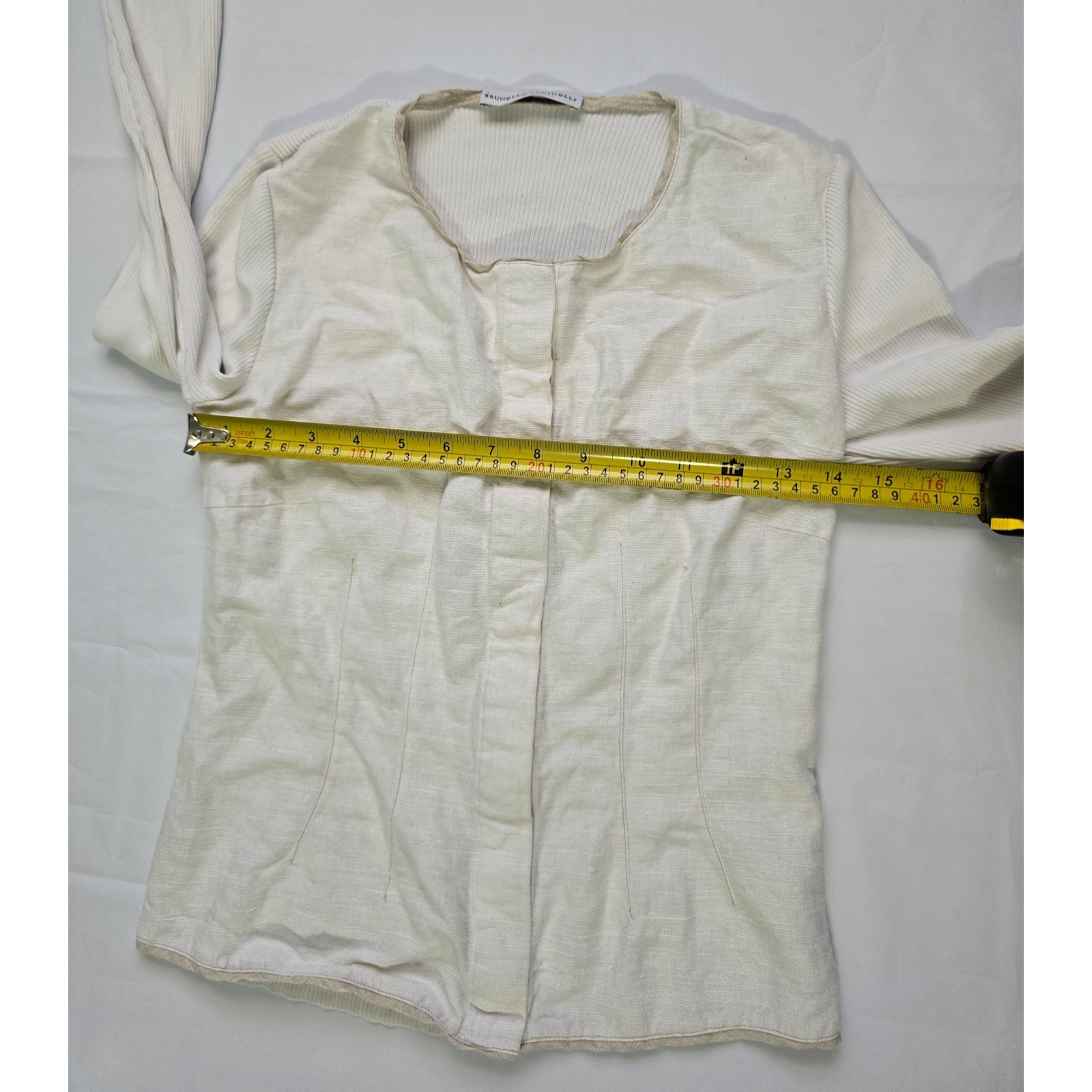 Brunello Cucinelli Cream Mixed Media Hook Eye Front Long S Top Small Cotton&Silk