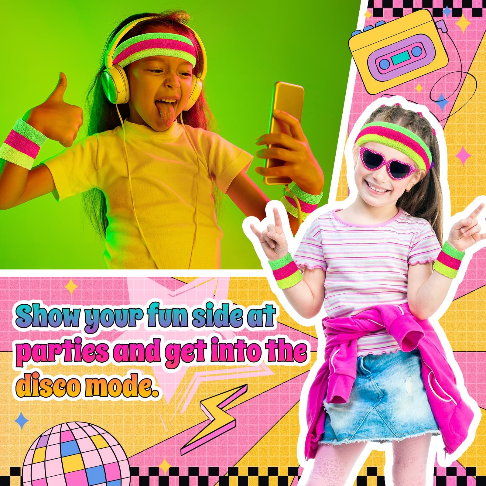 3 Pack Neon Sweatbands Set 80s Wristband and Headband Color War Accessories S…