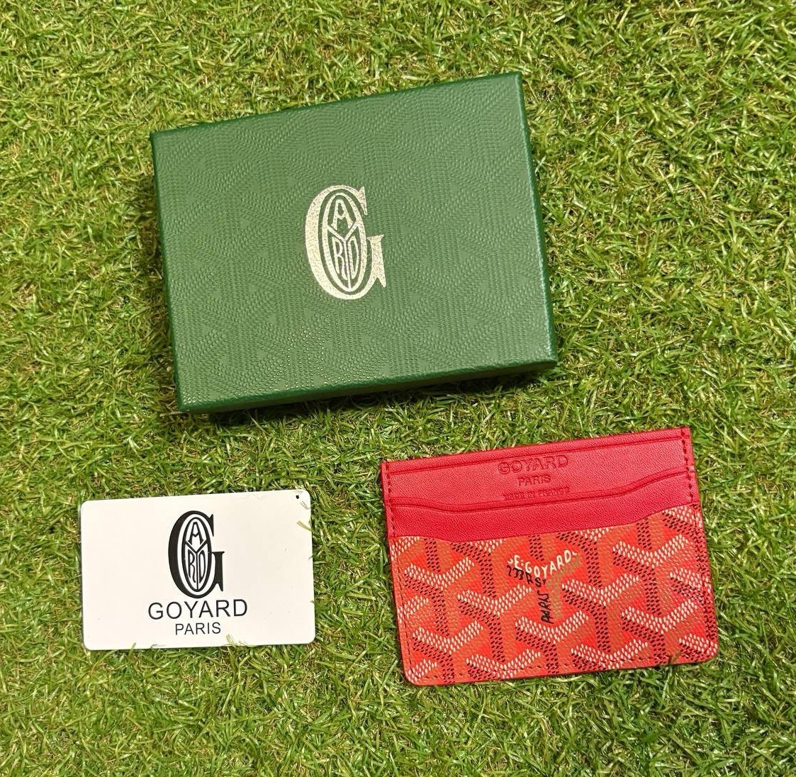 Red Leather Geometric Card Holder Business & Credit Case w/ Box