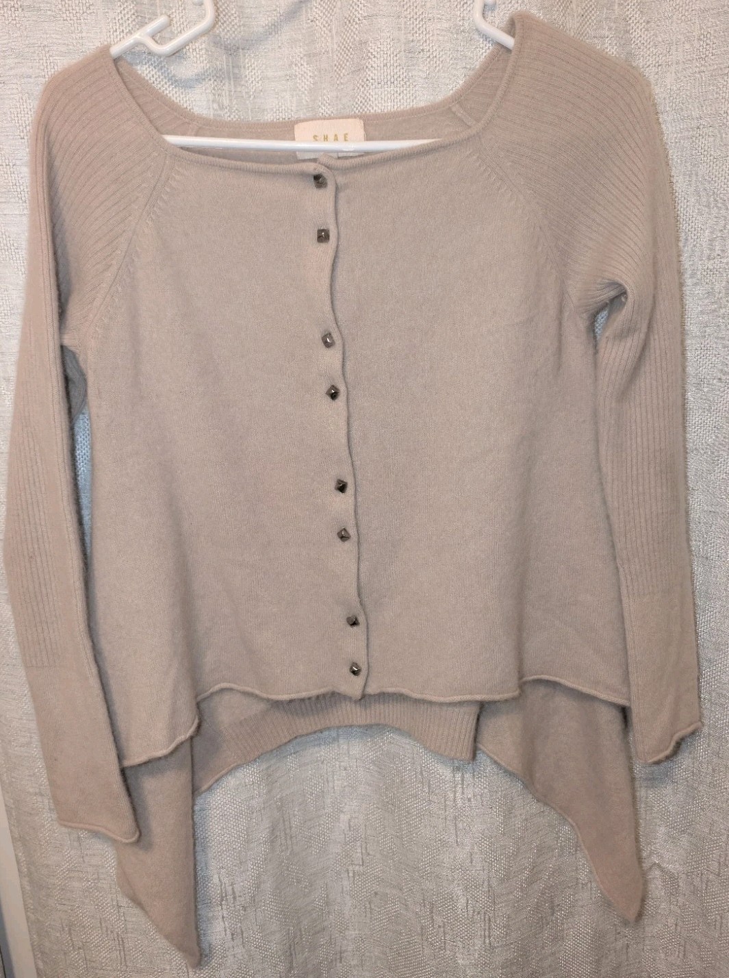 Shae Womens cardigan 100% Cashmere waterfall Hem M; Anthro tan khaki sweater