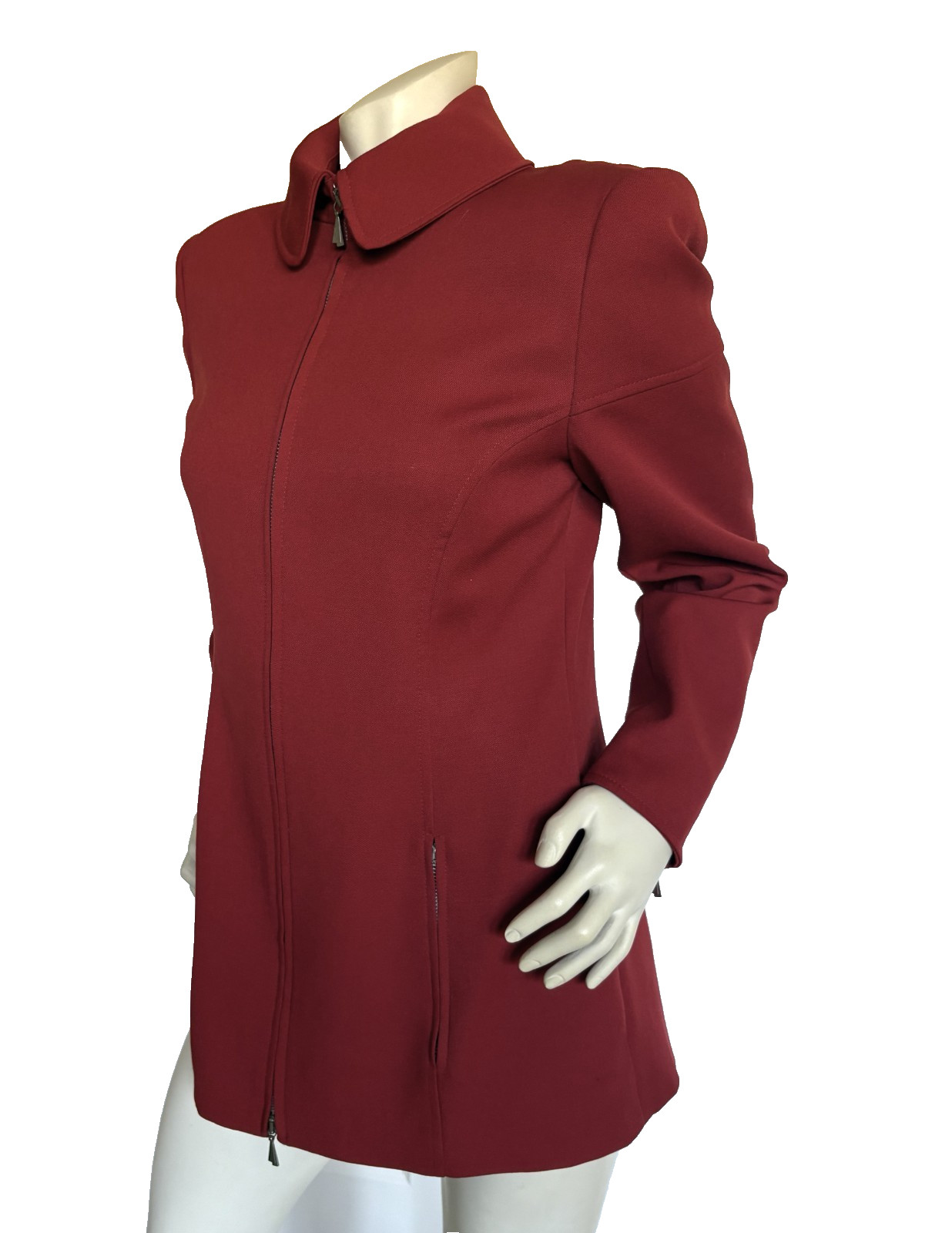 VINTAGE CLAUDE MONTANA CORAL RED VIRGIN WOOL ZIP UP JACKET SIZE: M