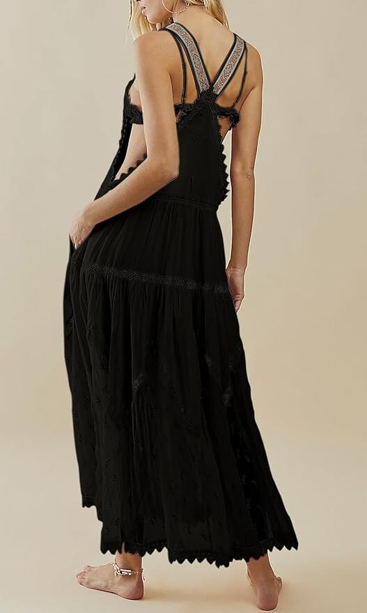 Women’s Laced Embroidered Tulle Bib Dress Casual Loose Adjustable Straps Maxi