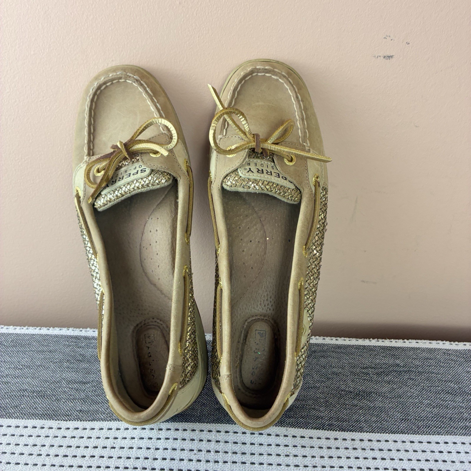 Sperry Top Sider Women’s Beige Gold Glitter Boat Shoes Loafers Size 9.5