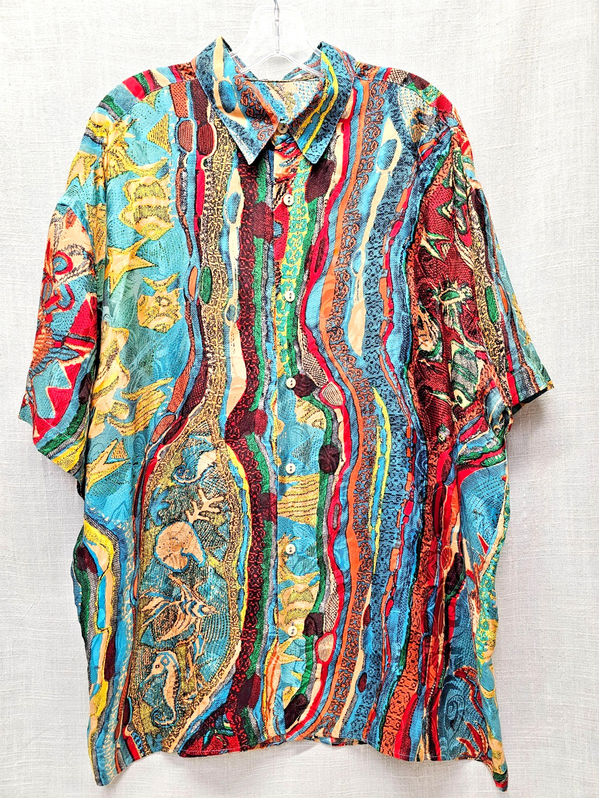 COOGI 100% Silk Button Down Short Sleeve Starfish Size XL R-1 DS36