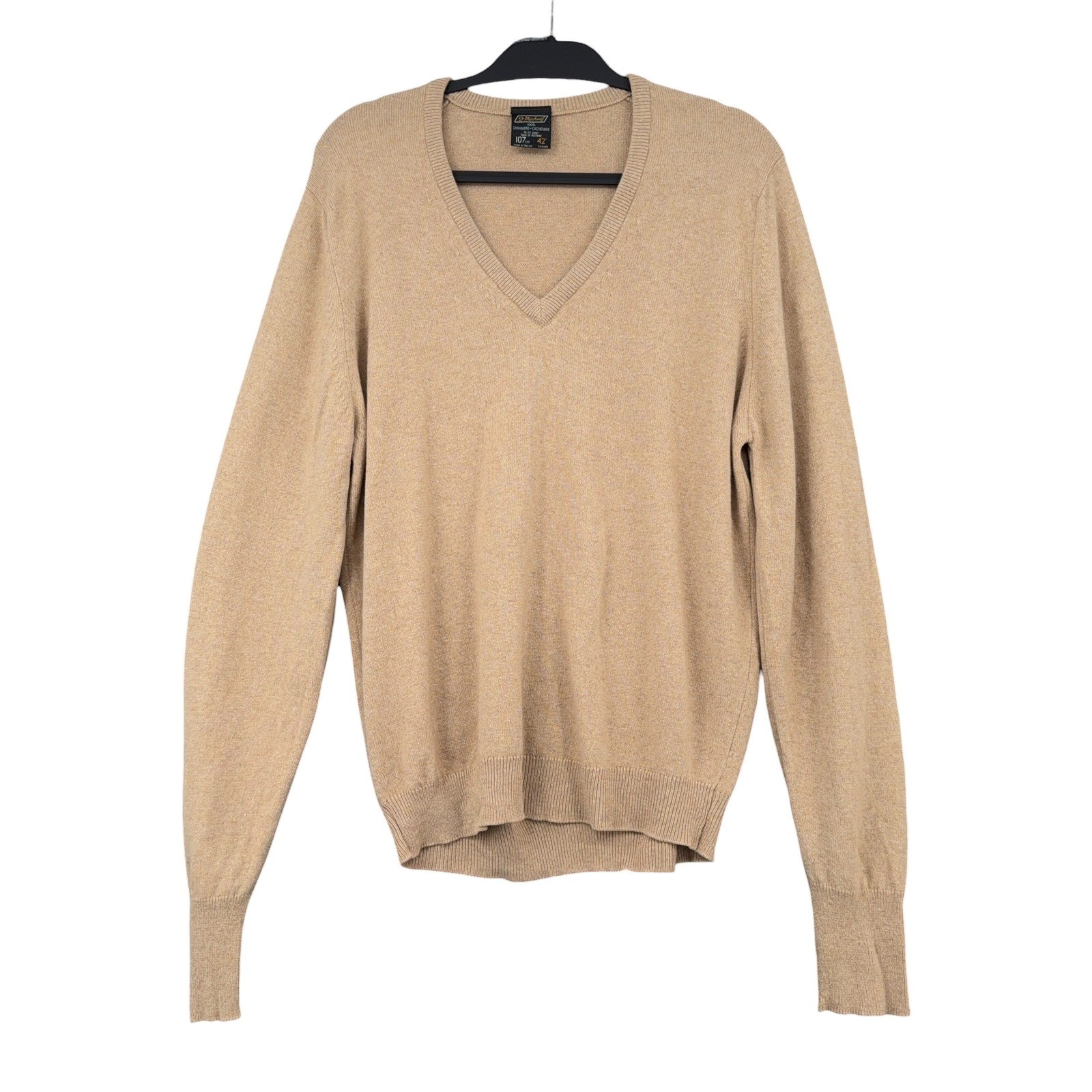 St Michael Mens 100% Cashmere V-Neck Sweater Tan Camel Made in UK Size 42 107cm