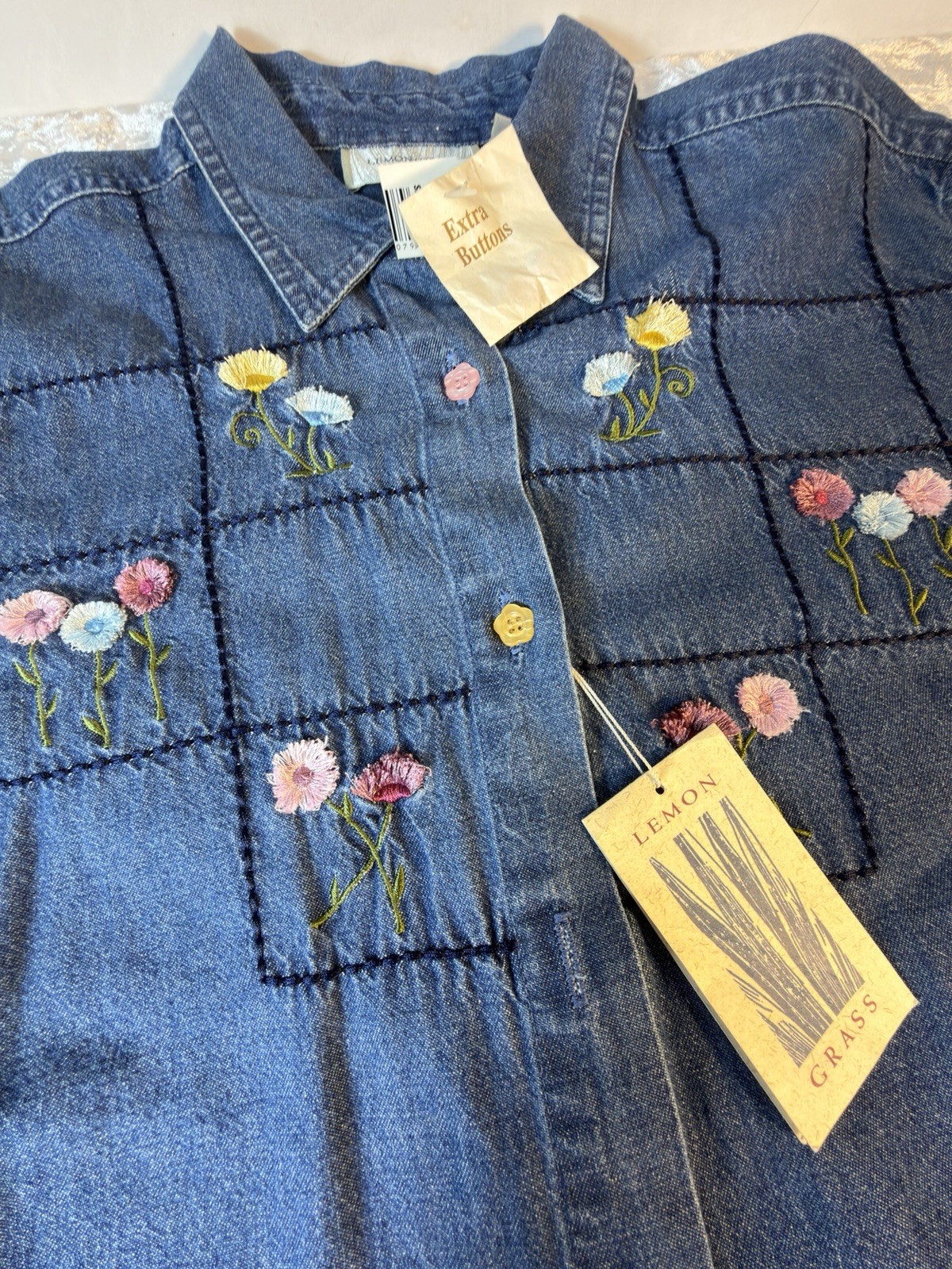 Lemon Grass Embroidered Denim Button Front Shirt Floral Cottagecore NWT