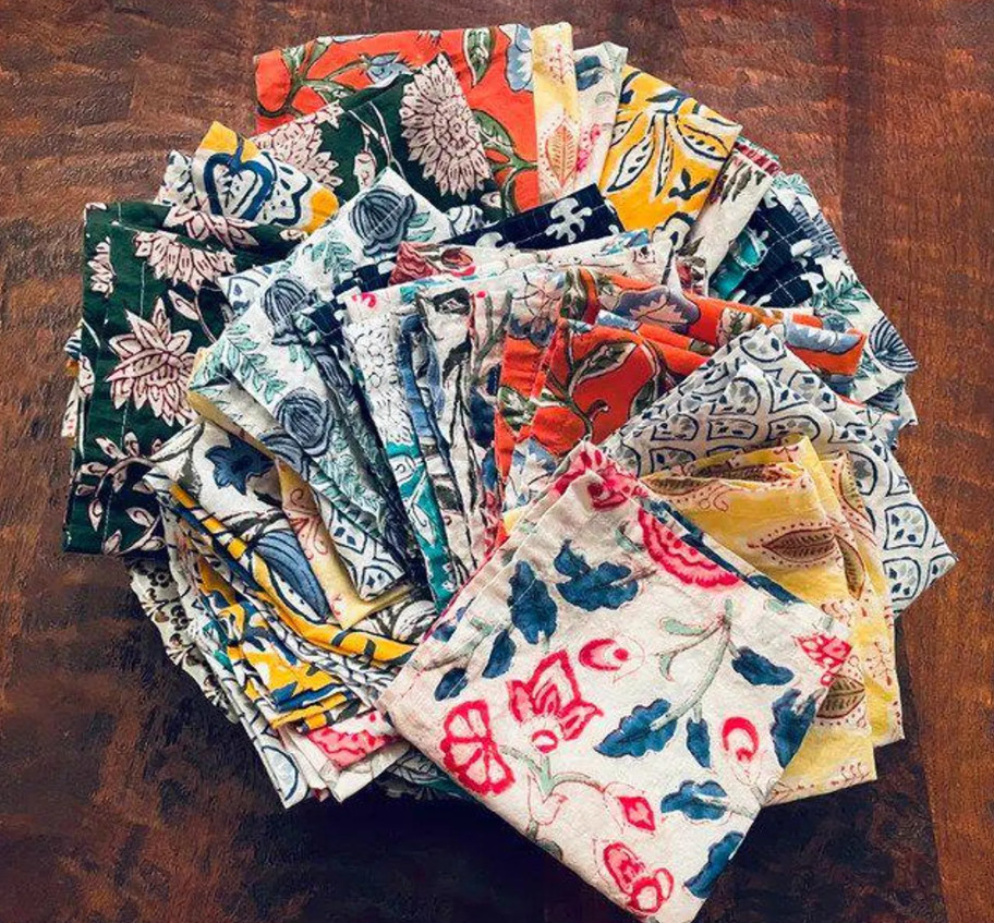 Assorted Cloth Napkins Set Hand Block Floral Printed Cotton Dinner Table Napkins