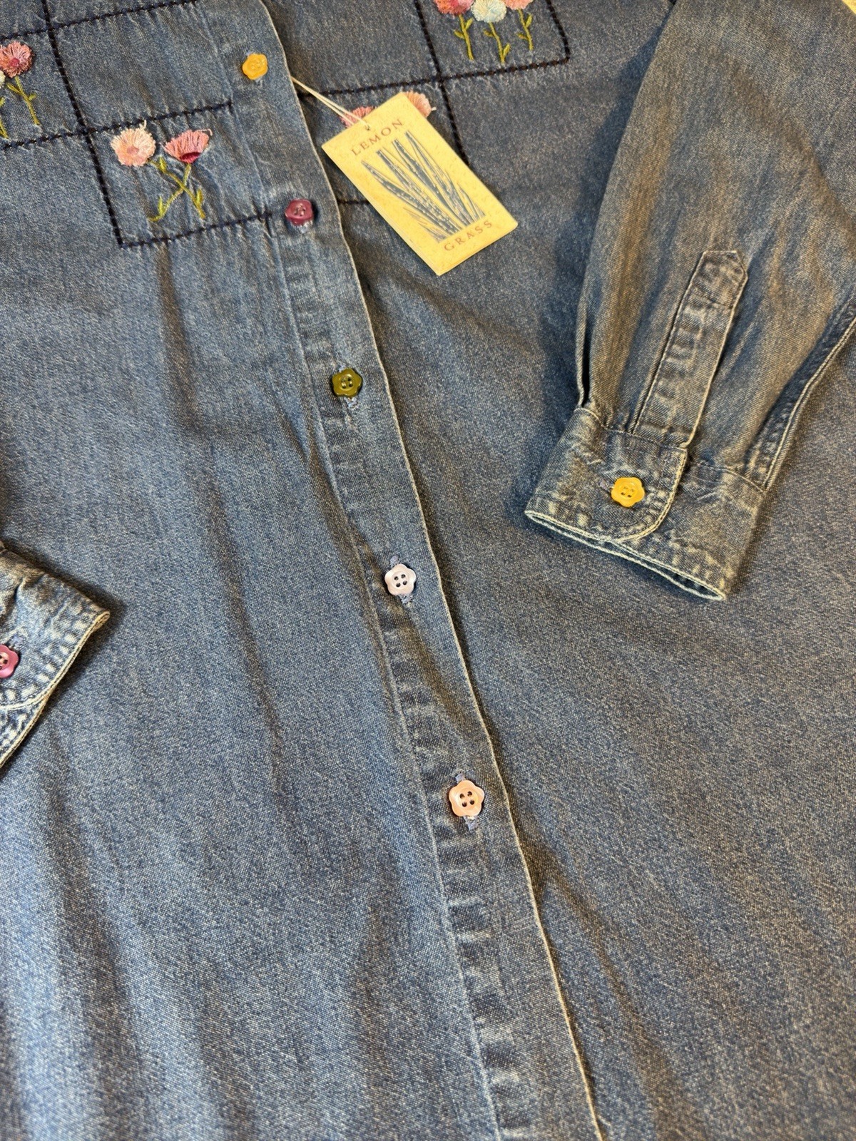 Lemon Grass Embroidered Denim Button Front Shirt Floral Cottagecore NWT