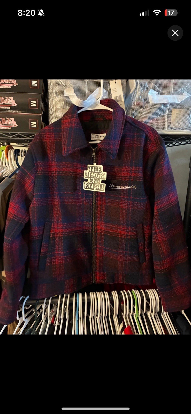 THE BLACK EYE PATCH Men’s Red Blue Plaid Zip Hooded Jacket Size M