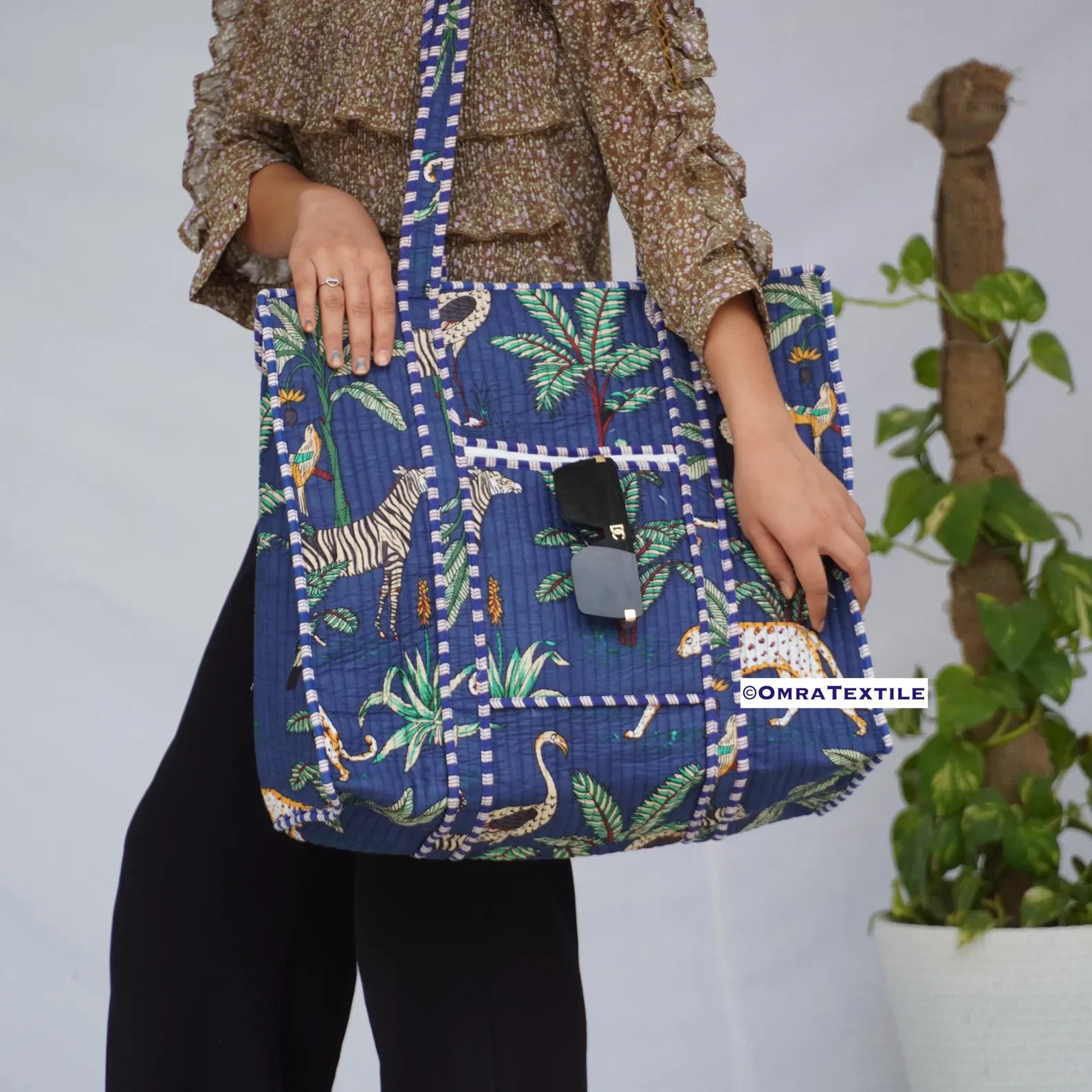 Handmade Cotton Tote Bag Navy Blue Jungle Animal Print Boho Shoulder Shopper