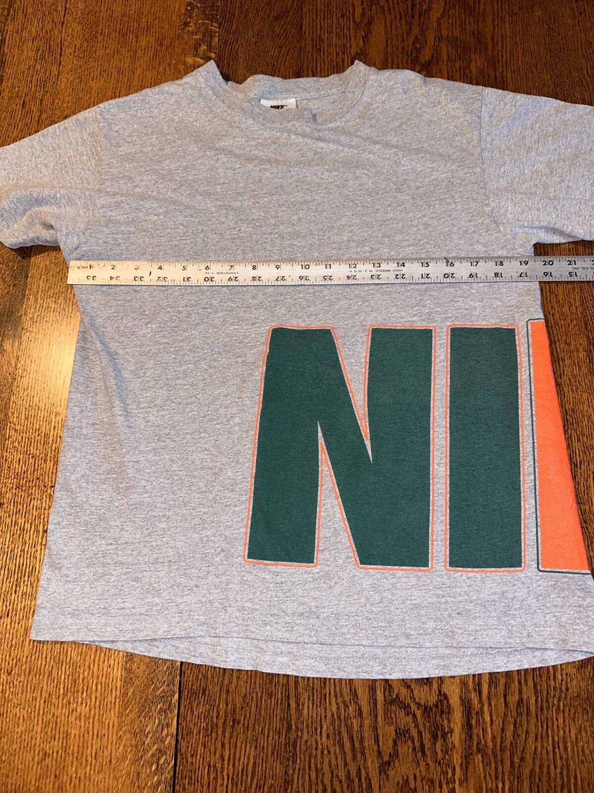 Vtg 90s Nike Spell Out Big Wrap Graphic T Shirt Made USA Gray Green Orange XL