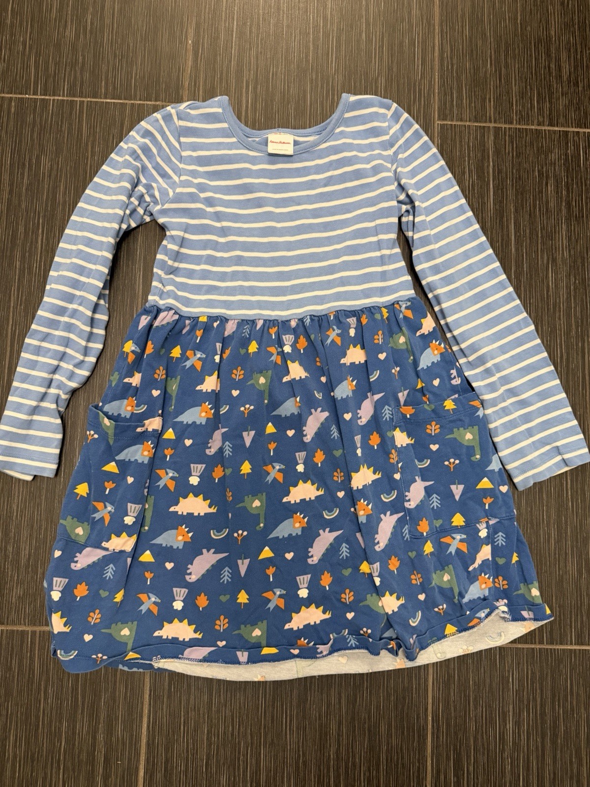 Hanna Andersson Mixie Play Dress Sz 8 Back To School Blue Striped Dino Pockets