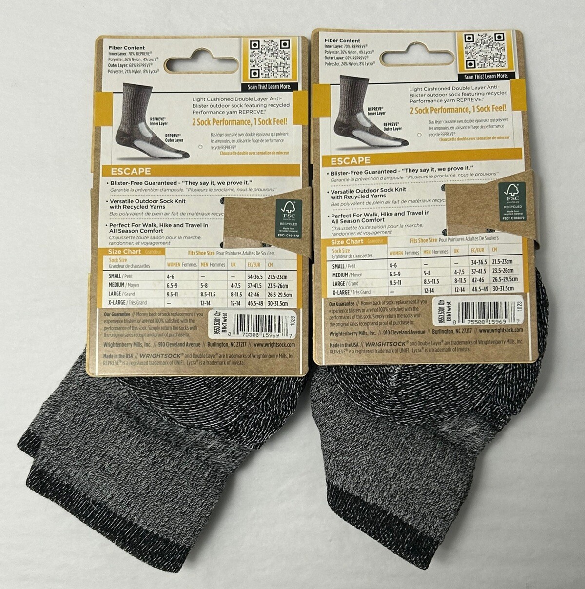 Wrightsock Double Layer Quarter Escape 2-PAIRS LARGE Men 8.5-11.5 Wmn 9.5-11 (W1
