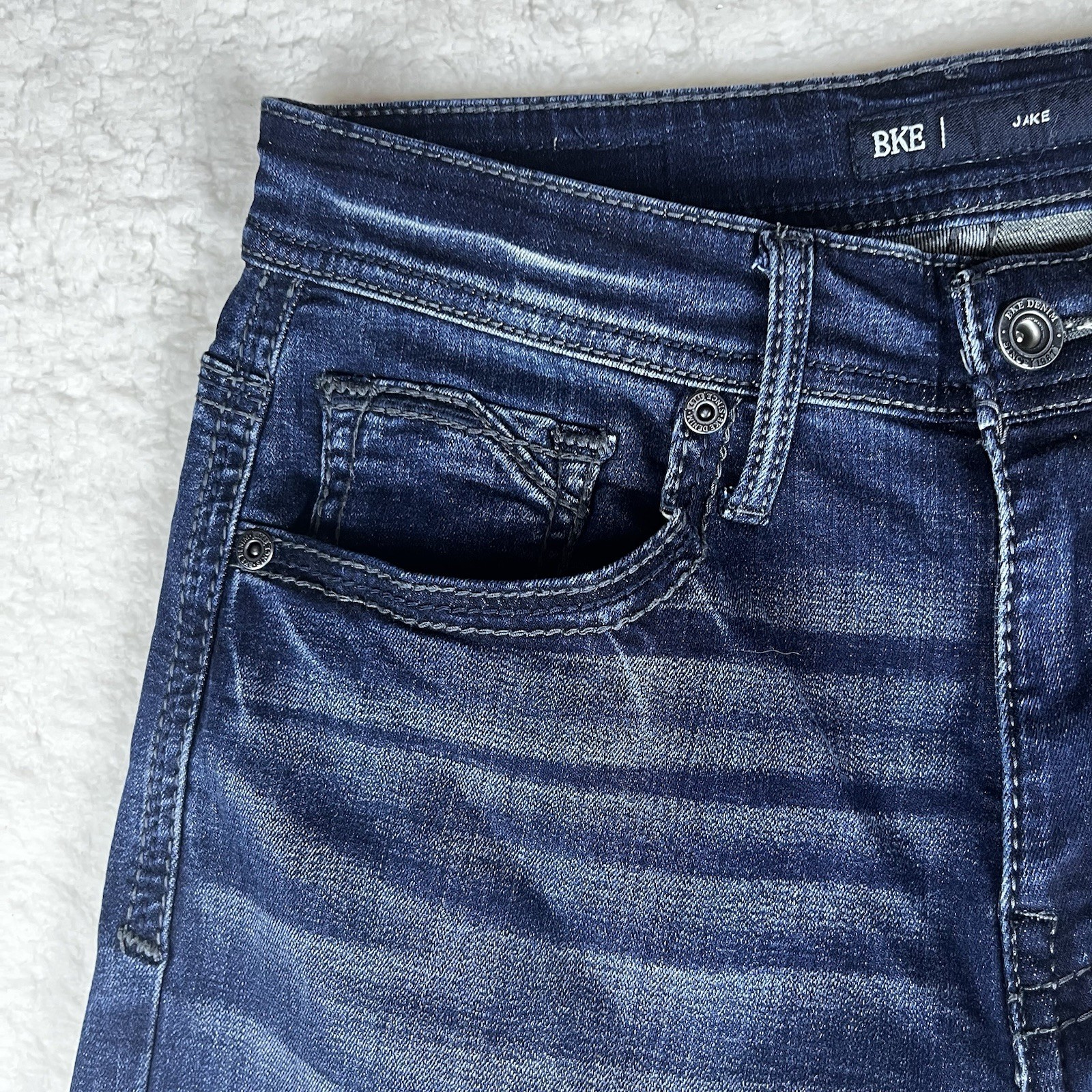 BKE Buckle Mens 30×30 Blue Jake Denim Jeans Pants Faded Stretch Whisker Marble