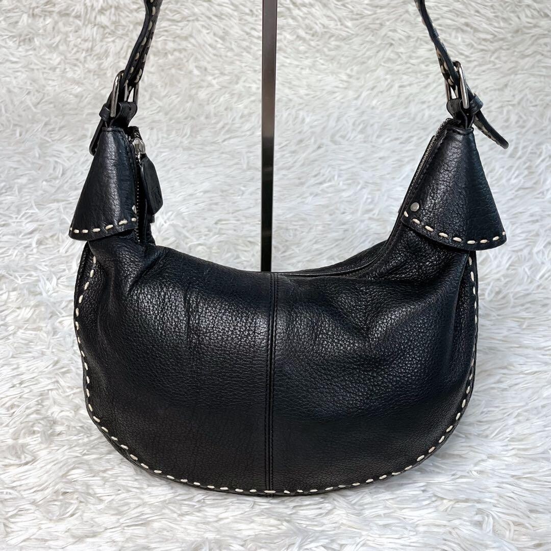 TOD’S Black Leather Half Moon Shoulder Bag White Stitching Y2K Pebbled Logo Auth