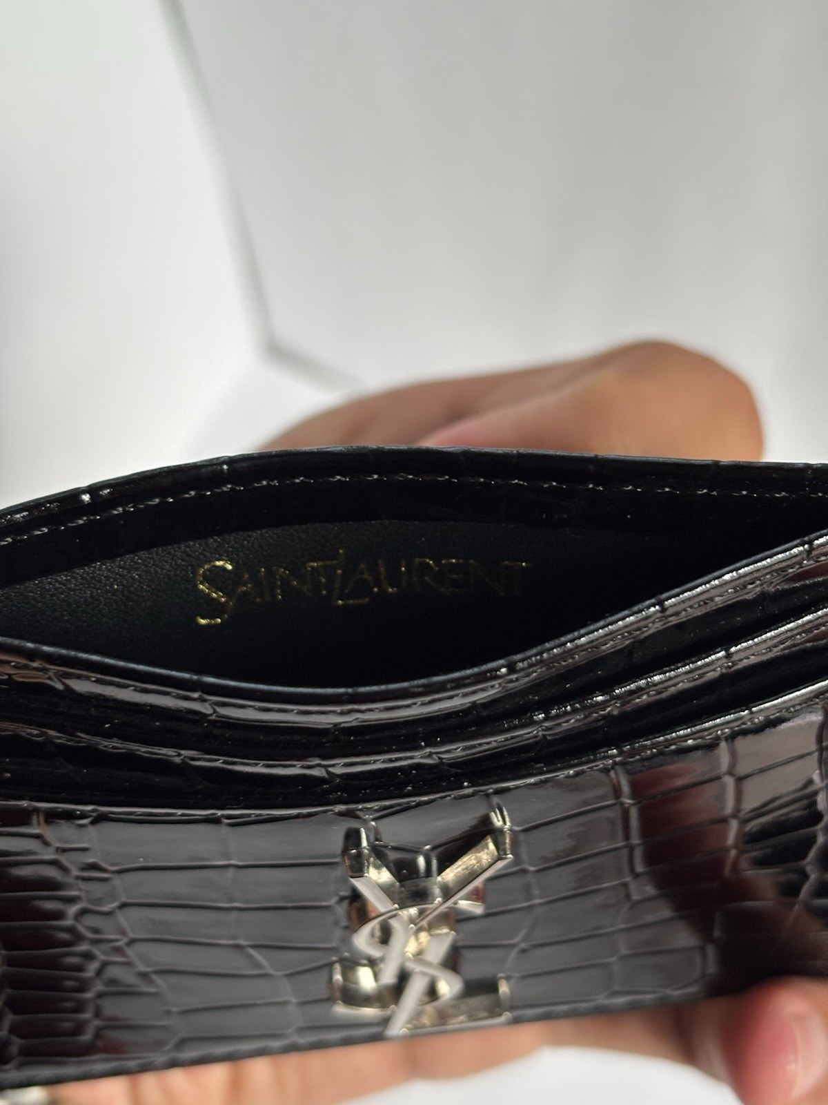 Saint Laurent Black Crocodile Pattern Logo Accent Women’s Card Wallet