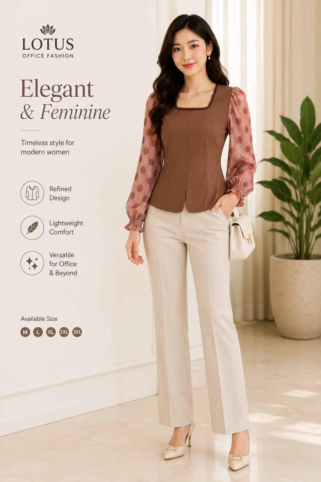 Brown Beaded Neck Blouse with Sheer Polka Dot Sleeves – Petite Size XL