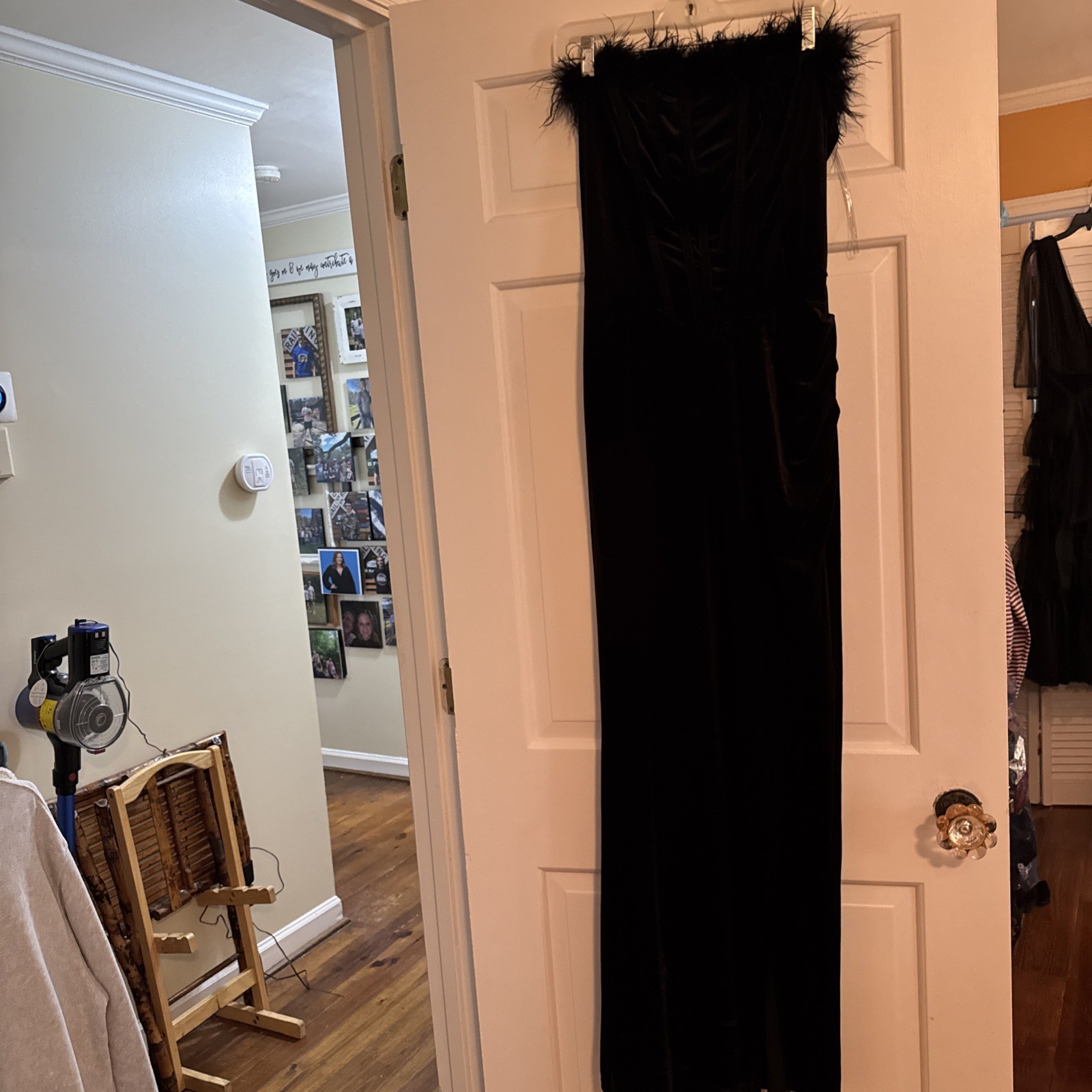 Fashion Nova Black Corset Strapless Maxi Dress With Feather Trim. Slit At Thigh