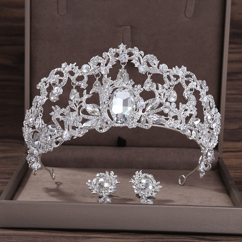 7cm Tall Clear Crystal Wedding Bridal Queen Princess Prom Tiara Earrings Set