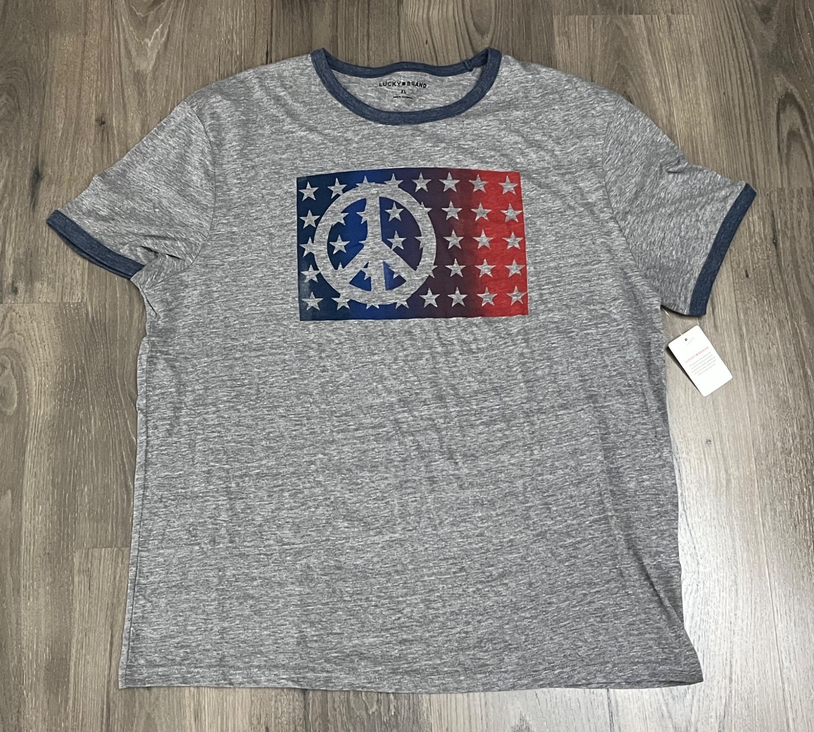 Lucky Brand American Flag Peace Sign T Shirt Gray Graphic Tee Mens L, XL – NWT