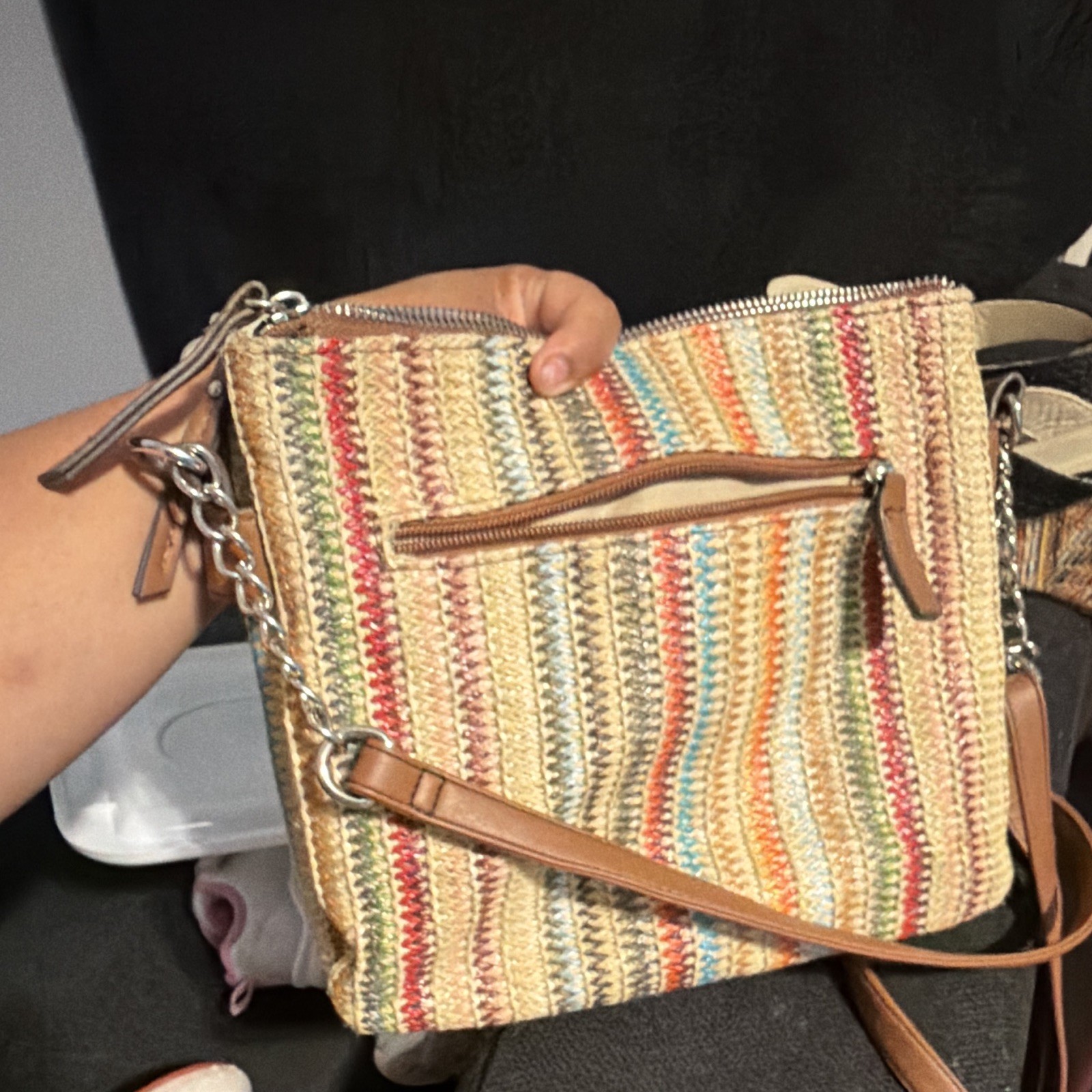 Rosetti Multicolor Striped Crossbody Bag Zip Closure, Zipper Pockets Brown Strap