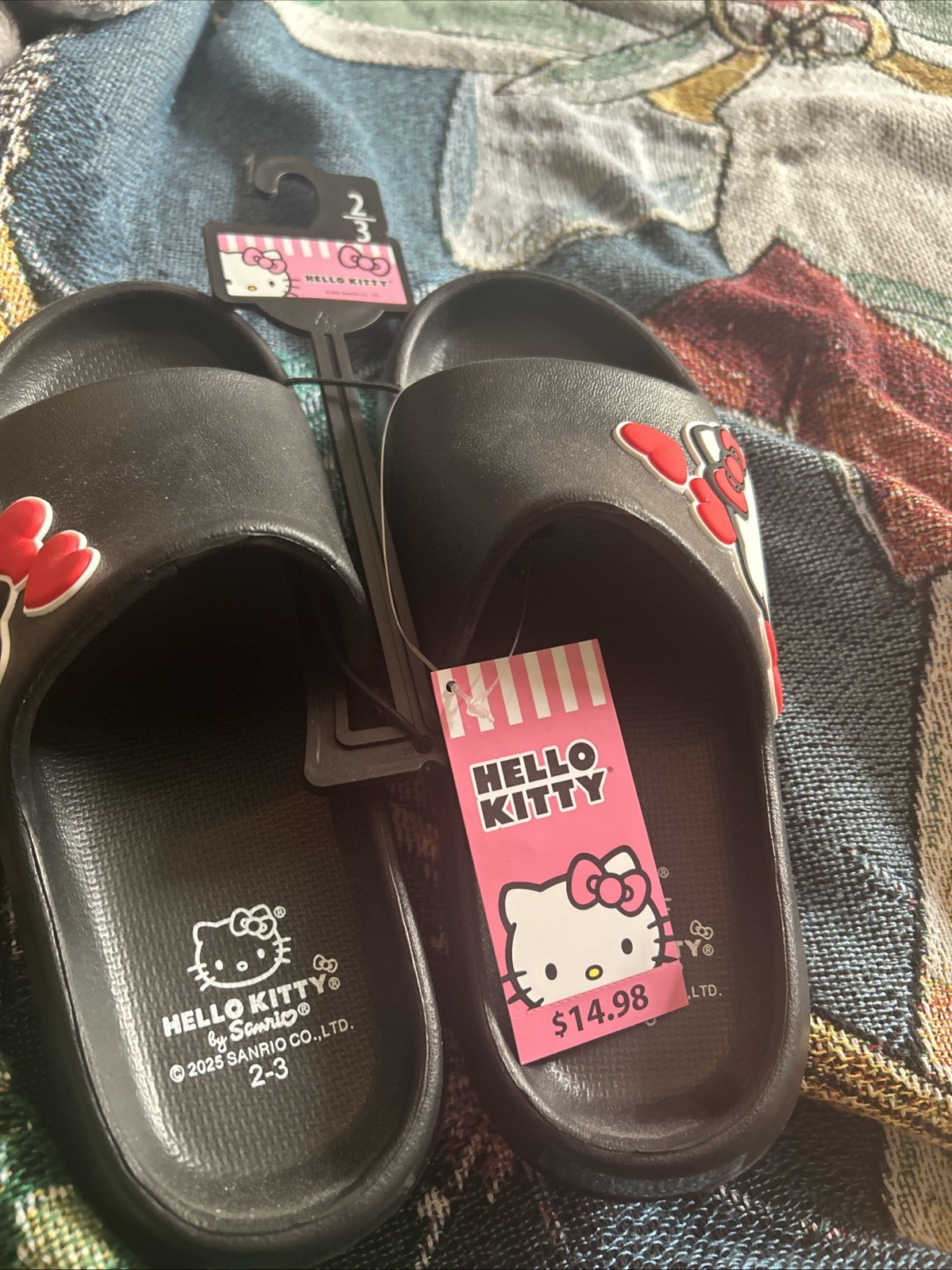 Hello Kitty Slip-On Slippers Black Faux Fur Lined Non-Slip EU 40-41 US 2-3