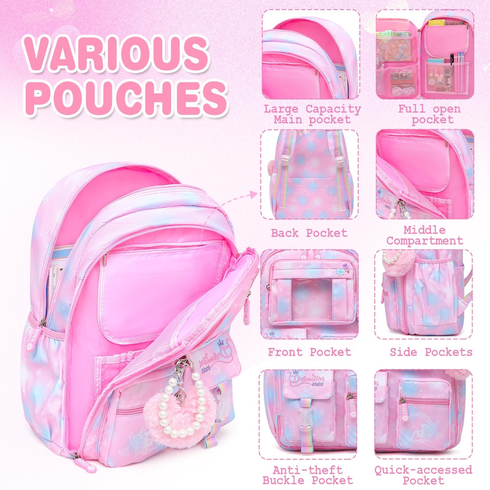 17 inch Pink Sweet Girls Backpack Splash-resistant School Bag Laptop Compartment