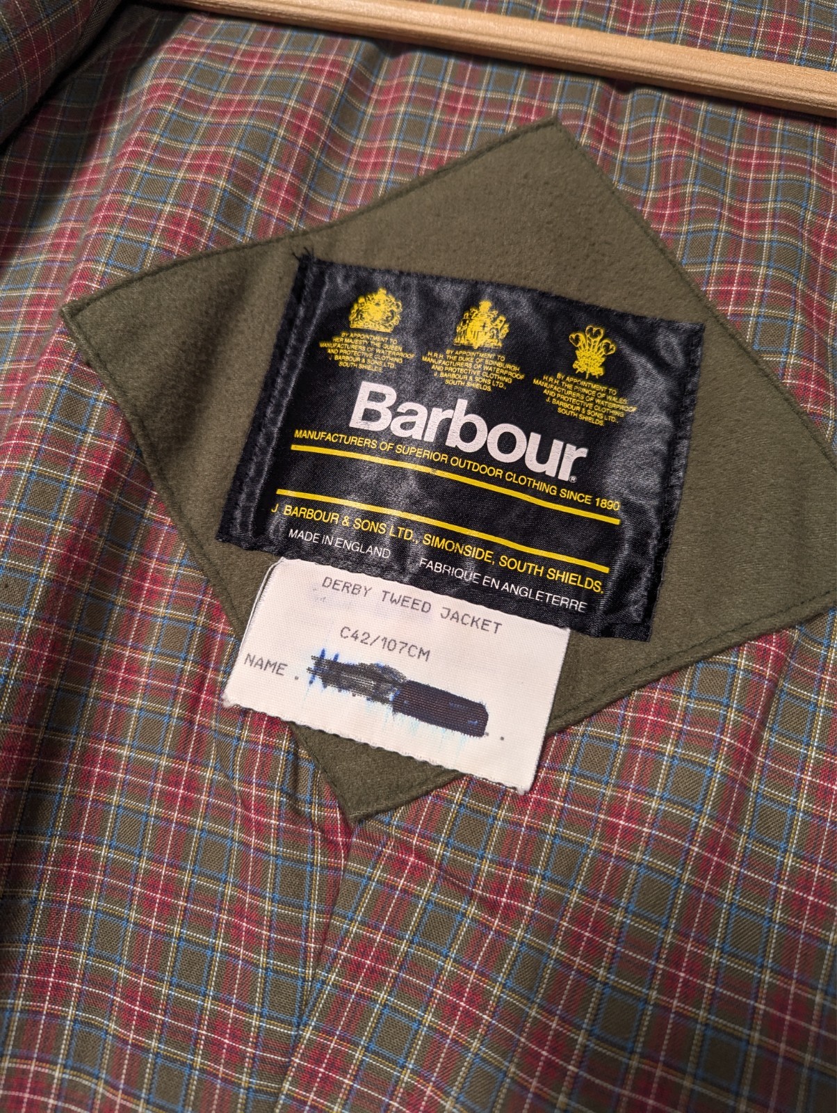 Barbour Derby Tweed Jacket Mens Size C42 107cm Green Check Coat England Wool