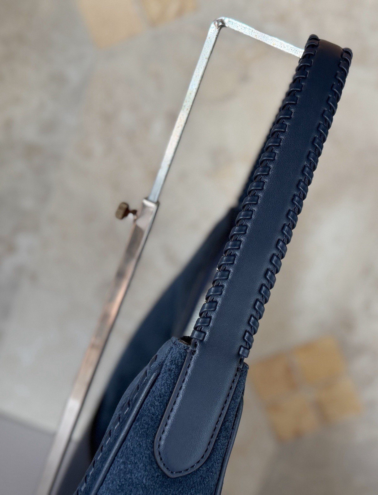 Michael Kors Nayla Medium Suede Leather Hobo Shoulder Bag Navy/Silver