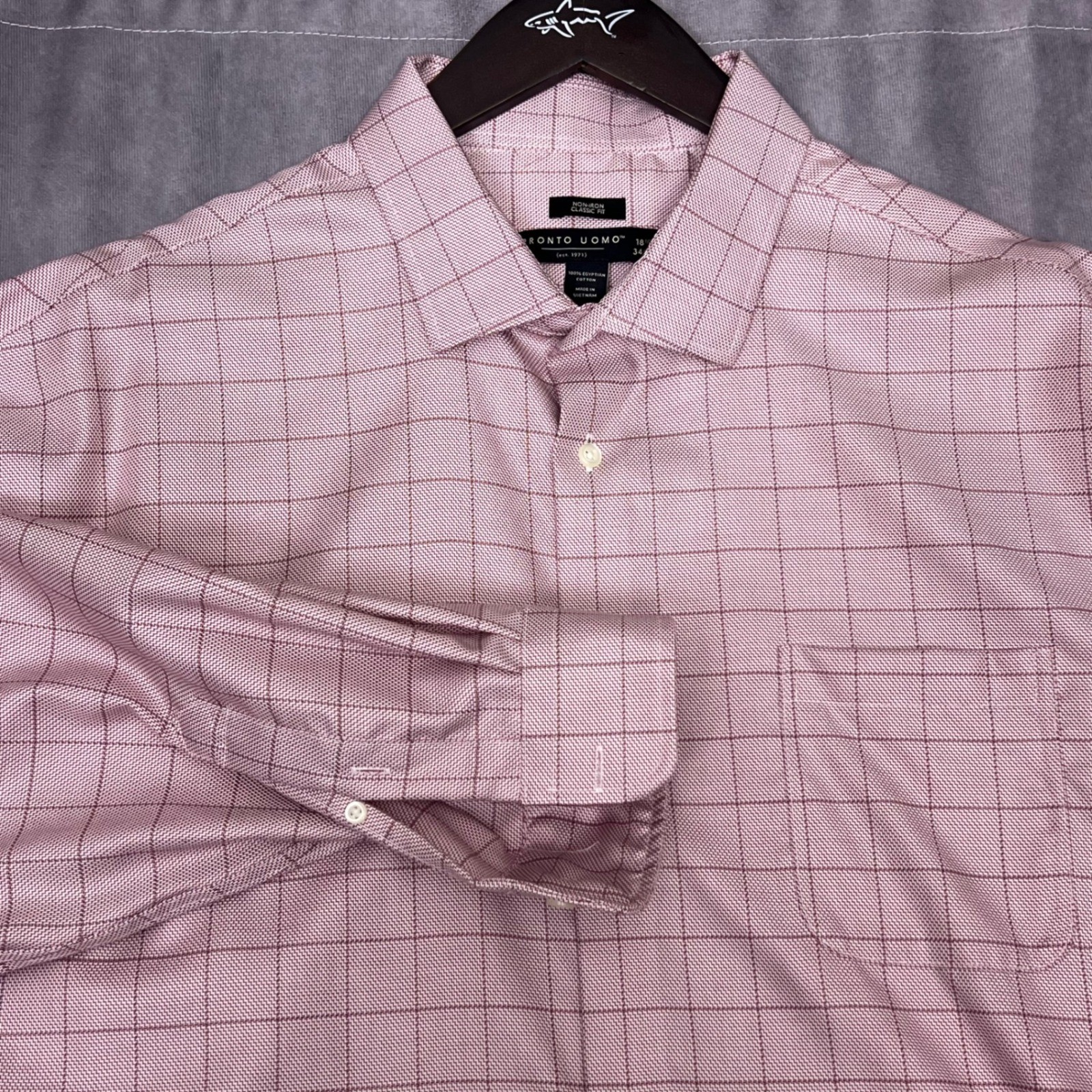 Pronto Uomo Dress Shirt Mens 18.5 34/35 Pink Non-Iron Egyptian Cotton Windowpane