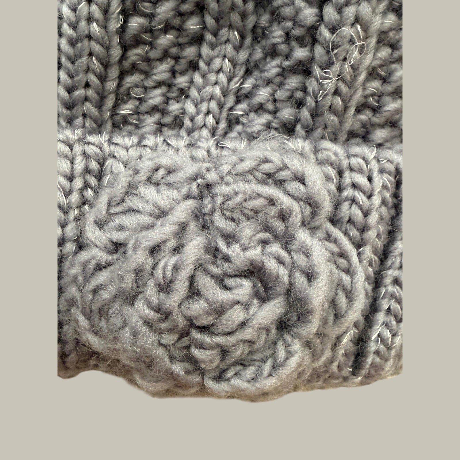 Chunky Knit Metallic Beanie Lavender Grey Fleece Lined Rosette Winter Hat