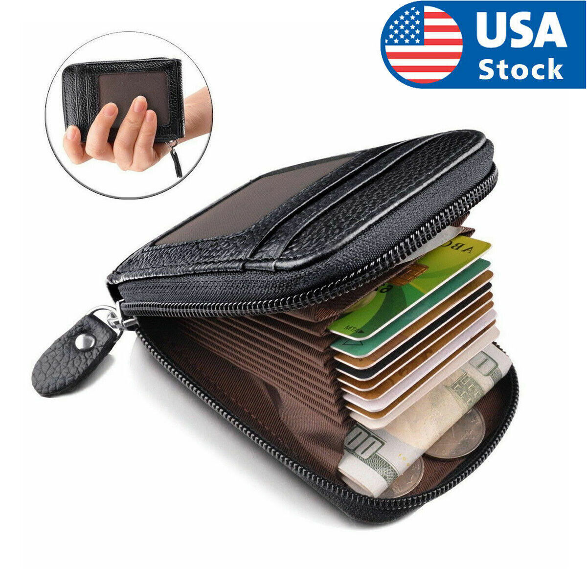 Men Genuine Leather Wallet Credit Card Holder RFID Blocking Zipper Pocket Thin