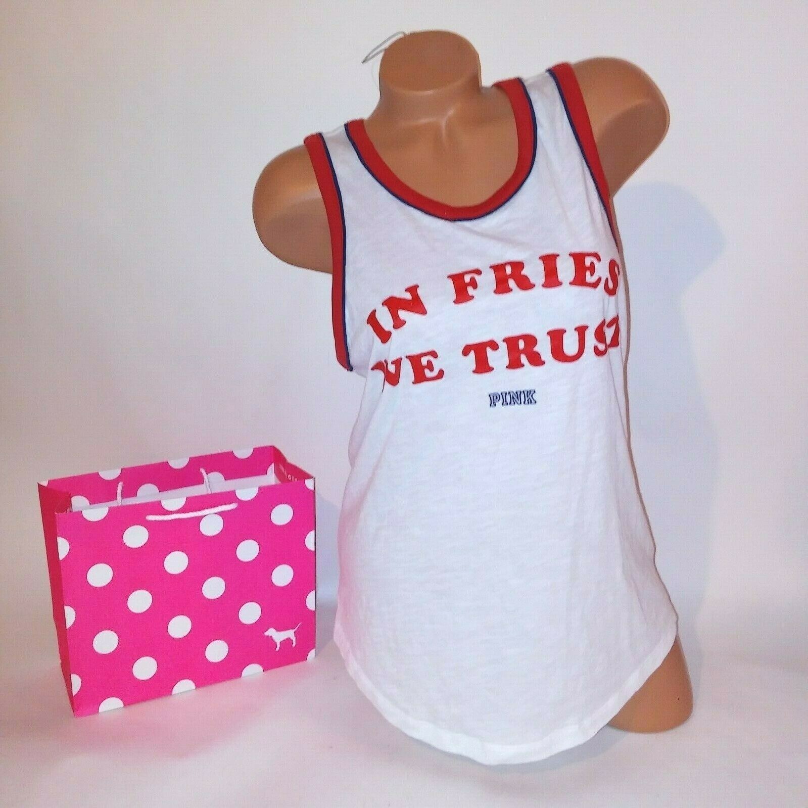 Victoria Secret PINK Tank Top Red White Blue “In Fries We Trust” Sleeveless Logo