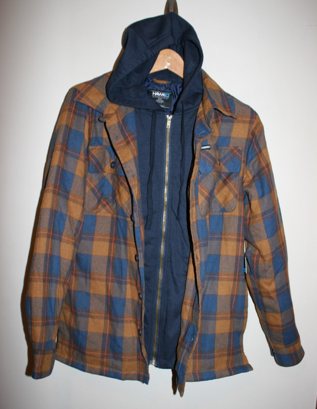 Mens Tony Hawk Flannel Hoodie Full Zip Button Up Jacket Burnt Orange Navy Blue S