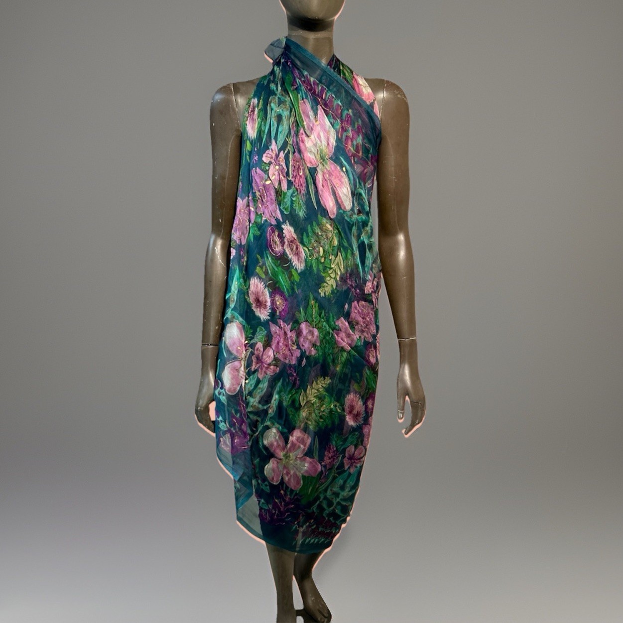 1970s Vintage Kismet Hawaii Chiffon Tropical Hibiscus Floral Boho Scarf Sarong