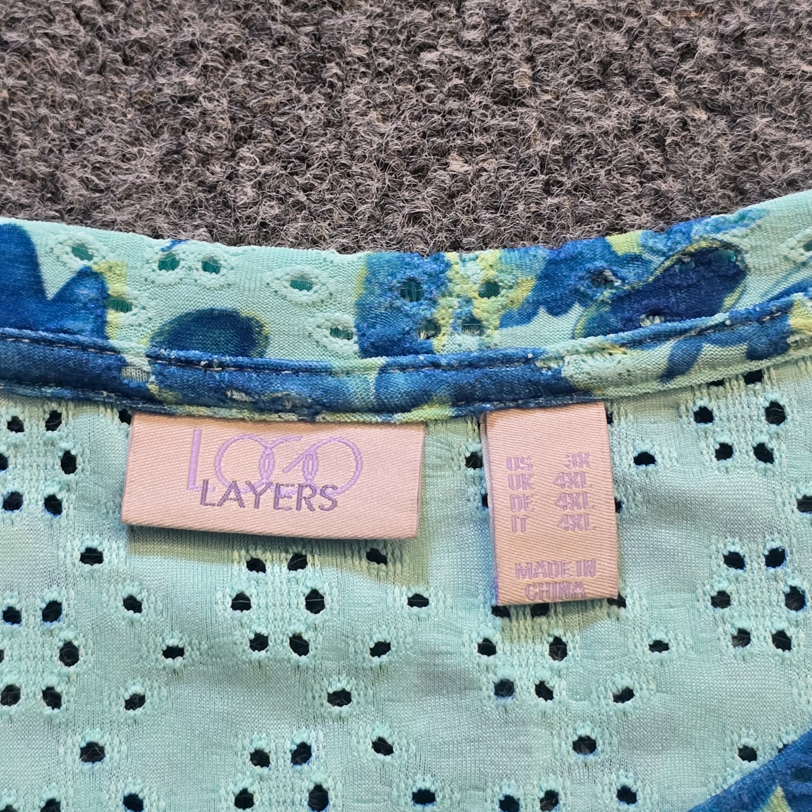Logo Lori Goldstein Top Womens 3X Green Blue Floral Eyelet Lace Stretch Casual