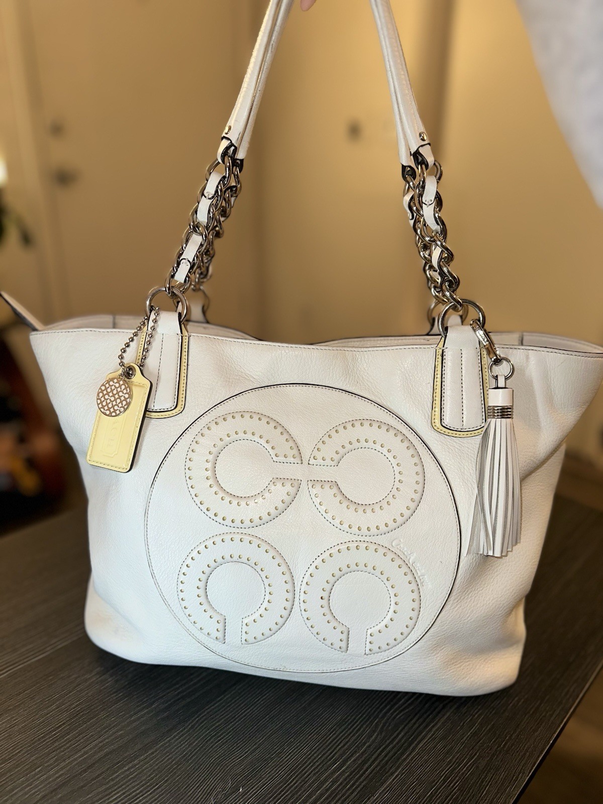 Coach Leather Purse – Colette Double Handle & 3 Charms – Op Art Logo Tote Bag