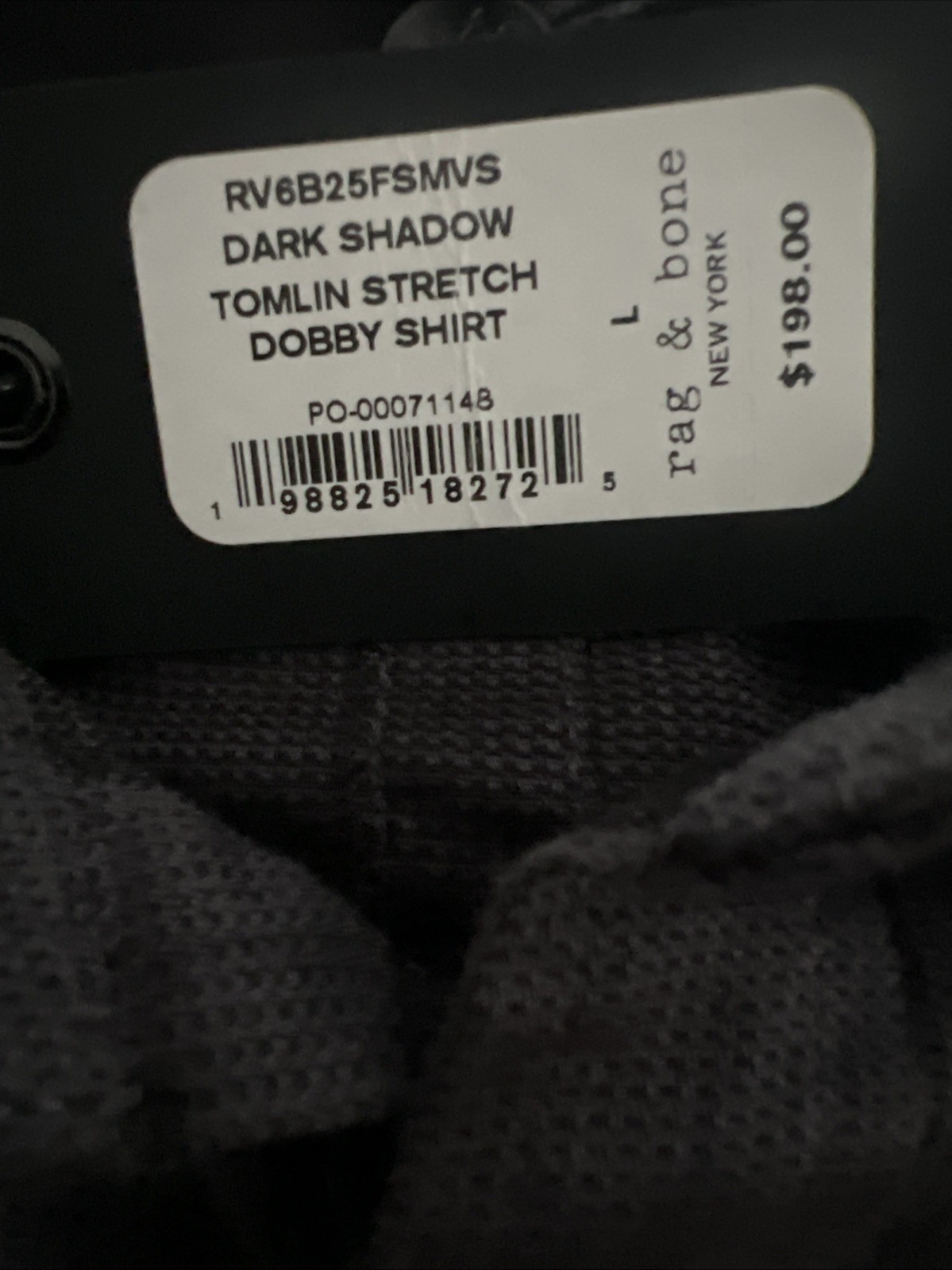 $200 NWT Rag & Bone Tomlin Stretch Dobby Button-Up Shirt in Dark Shadow LARGE