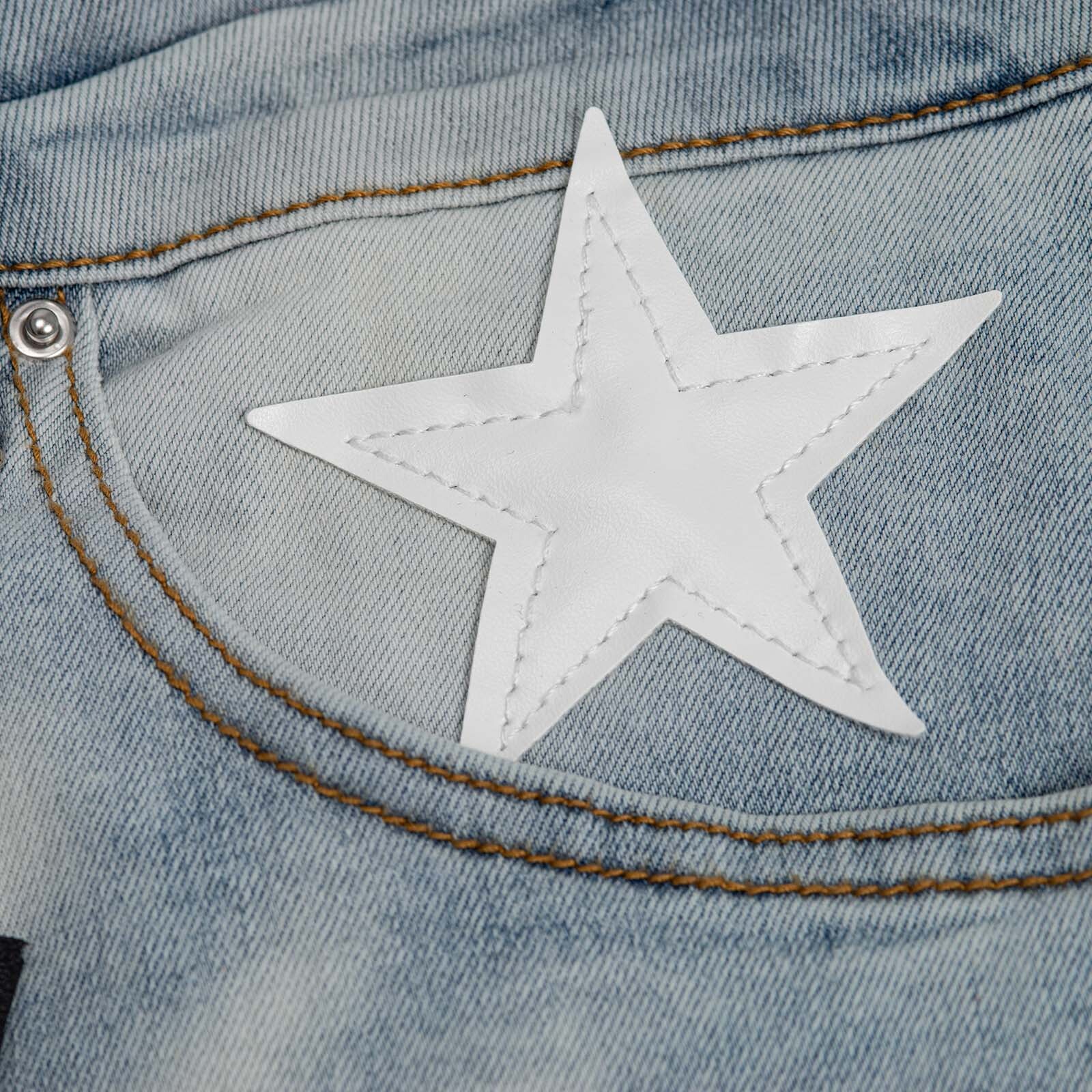 Men’s Ripped STAR PU Patchwork Grunge Skinny fit stretch Denim Washed jeans