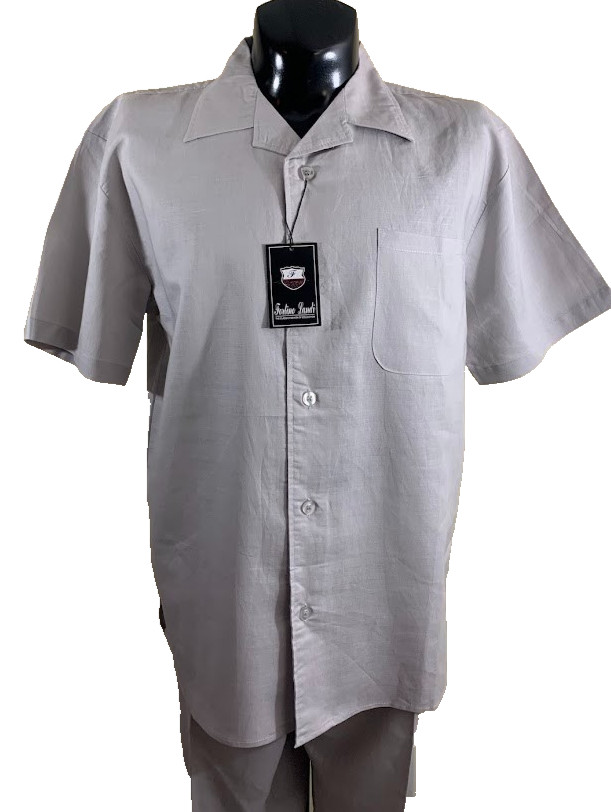 Fortino Landi Mens 2pc Walking Suit Linen Shirt Pleated Pants Set Large Gray 36