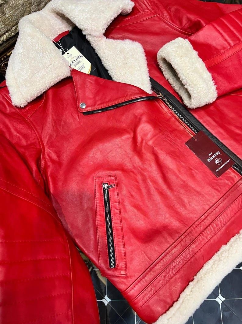 Handmade New Men’s Red Sheepskin Leather Shearling Jacket – Stylish Christmas