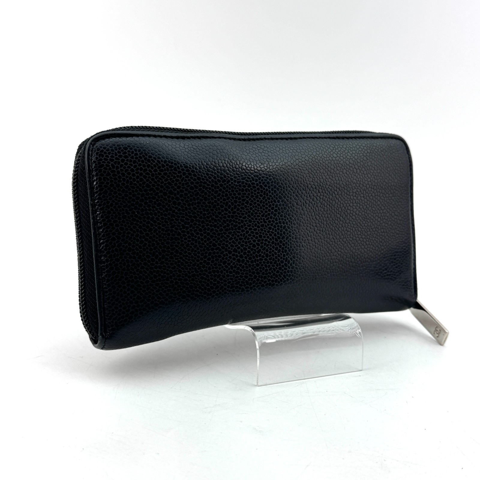 CHANEL Black Caviar Skin Leather Zip Around Wallet COCO Mark Authentic