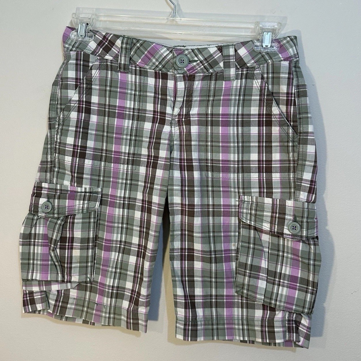 Aéropostale Y2K 2000’s Low Rise Women Plaid Cargo Shorts 5/6 Green Purple White